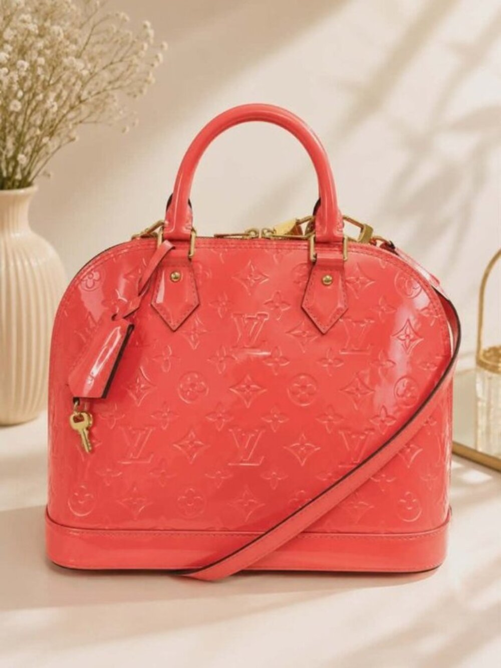 Authentic Louis Vuitton Alma PM Vernis Coral Patent Leather Handbag